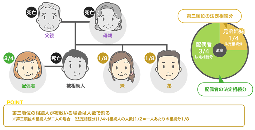 第3順位の相続人は兄弟姉妹で、法定相続分は4分の1。第3順位の相続人が複数いる場合は、その人数で割ったものが1人の相続分となる。